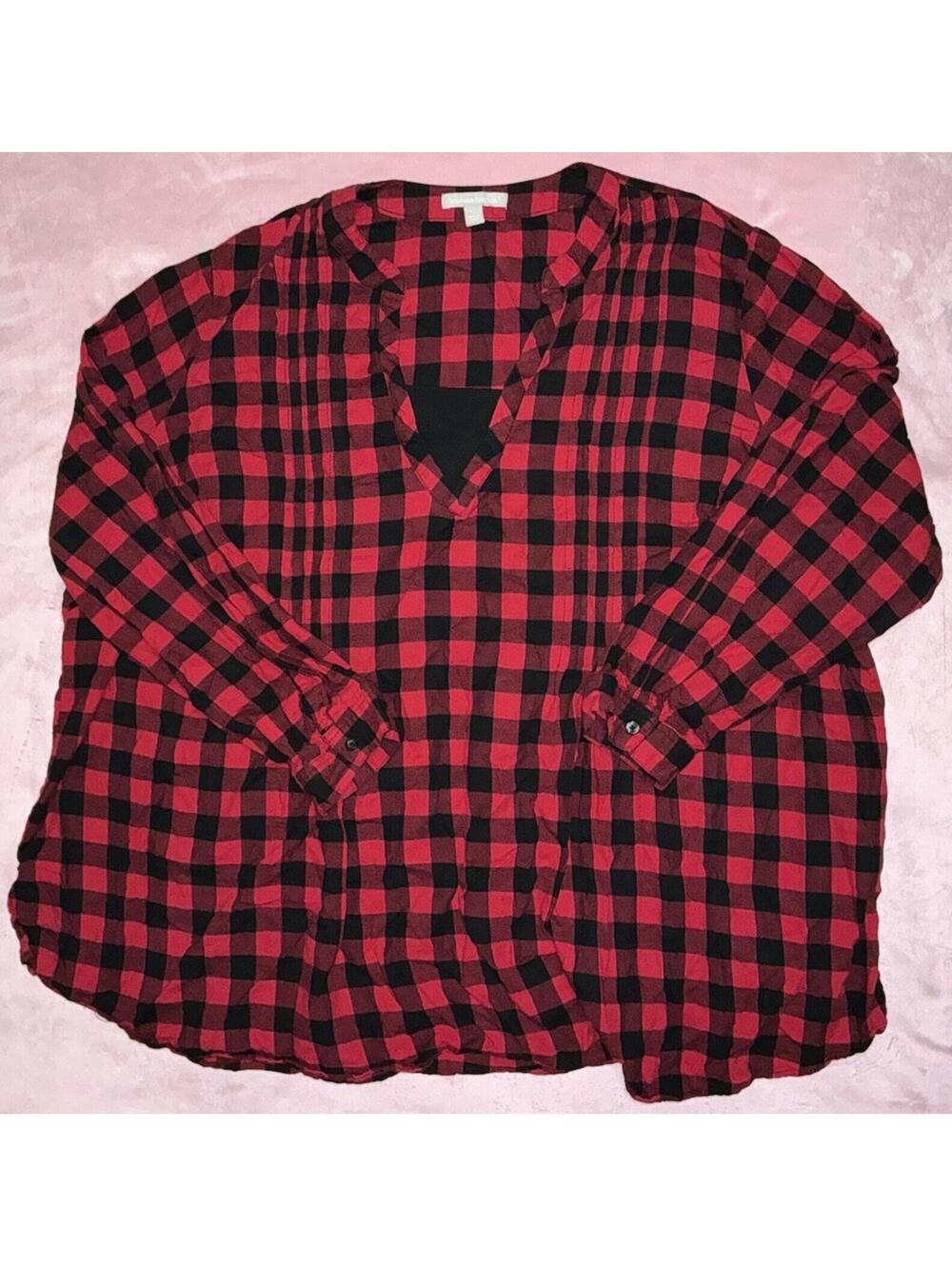 Woman Within Top 3X Red Buffalo Plaid Pull Over Blouse Long Sleeve V Neck